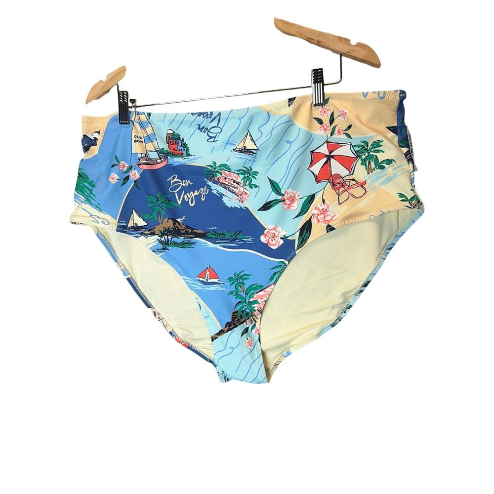 Old Navy Bon Voyage Tropical Postcard High Waisted Bikini Bottoms Blue Yellow 3X